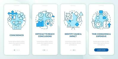 Causal research disadvantages blue onboarding mobile app screen. Walkthrough 5 steps editable graphic instructions with linear concepts. UI, UX, GUI template vector