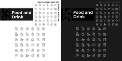 Food and drink pixel perfect linear icons set for dark, light mode. Grocery store. Supermarket product categories. Thin line symbols for night, day theme. Isolated illustrations. Editable stroke vector