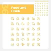 Food and drink pixel perfect gradient linear vector icons set. Grocery store. Supermarket product categories. Thin line contour symbol designs bundle. Isolated outline illustrations collection