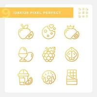 Food shopping pixel perfect gradient linear vector icons set. Meal planning. Retail store. Supermarket. Grocery list. Thin line contour symbol designs bundle. Isolated outline illustrations collection