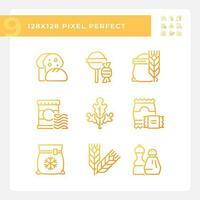 Supermarket products pixel perfect gradient linear vector icons set. Grocery store food. Shopping cart. Thin line contour symbol designs bundle. Isolated outline illustrations collection