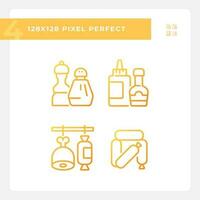 Barbecue food pixel perfect gradient linear vector icons set. Meat market. Grilling season. Sausage category. Thin line contour symbol designs bundle. Isolated outline illustrations collection