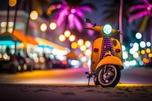 scooter ciclomotor a Oceano conducir Miami playa a noche con neón luces desde hoteles neural red ai generado foto