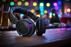 Modern big professional headphones on DJs table at night party. Neural network photo