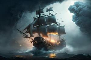 Sailing old ship in storm sea on the background clouds with lightning. Neural network photo