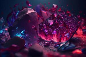 Abstract art background with part of surreal ruby gemstone crystal with prism reflection in fractal triangles structure in purple colors. Neural network photo