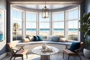 Beach living on Sea view interior with big windows. Neural network photo