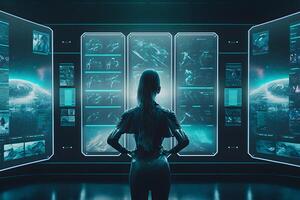 Futuristic girl astronaut on a spaceship looks into the monitors of a quantum computer. Neural network AI generated art photo