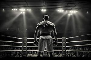Professional boxer fighting on the grand arena panorama view. Neural network photo