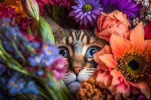 Portrait of a tabby cat in grass and flowers. Neural network photo