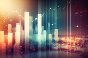 resumen brillante grande datos forex candelero gráfico en borroso ciudad fondo. comercio, tecnología, inversión y análisis concepto. neural red ai generado foto