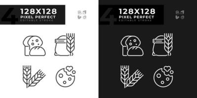 Bakery and bread pixel perfect linear icons set for dark, light mode. Fresh baked goods. Wheat products. Whole grain. Thin line symbols for night, day theme. Isolated illustrations. Editable stroke vector