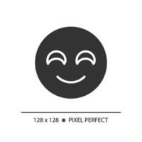 Smiling emoji pixel perfect black glyph icon. Positive reaction on product. Happy face. Satisfied service user. Silhouette symbol on white space. Solid pictogram. Vector isolated illustration