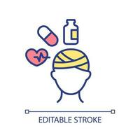 Head trauma treatment RGB color icon. Medication for injured patient. Strong headache treatment. Medical remedies for pain. Isolated vector illustration. Simple filled line drawing. Editable stroke