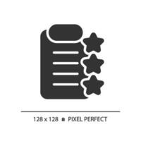 Clipboard with stars pixel perfect black glyph icon. Report about product checkup. Service rating documentation. Silhouette symbol on white space. Solid pictogram. Vector isolated illustration