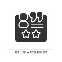 Customer testimonials pixel perfect black glyph icon. Service review from pleased client. Business rating online. Silhouette symbol on white space. Solid pictogram. Vector isolated illustration