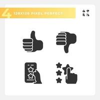 Rating of customer service pixel perfect black glyph icons set on white space. Online reaction on products. Feedback on internet. Silhouette symbols. Solid pictogram pack. Vector isolated illustration