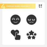 User feedback about service pixel perfect black glyph icons set on white space. Reactions and evaluation of business. Silhouette symbols. Solid pictogram pack. Vector isolated illustration