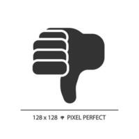 Thumbs down pixel perfect black glyph icon. Negative evaluation of product. Performing bad customer experience. Silhouette symbol on white space. Solid pictogram. Vector isolated illustration