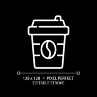 Coffee pixel perfect white linear icon for dark theme. Caffeinated drink. Take away. Paper cup. Hot beverage. Cafe menu. Thin line illustration. Isolated symbol for night mode. Editable stroke vector