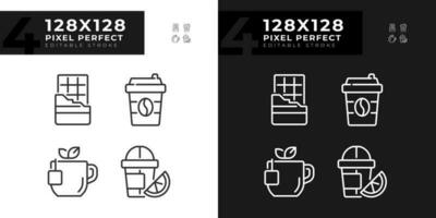 Drinks and desserts pixel perfect linear icons set for dark, light mode. Cafe menu. Coffee shop. Beverage aisle. Thin line symbols for night, day theme. Isolated illustrations. Editable stroke vector