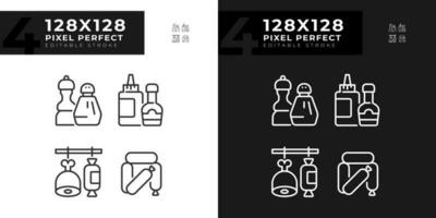 Barbecue food pixel perfect linear icons set for dark, light mode. Meat market. Grilling season. Sausage category. Thin line symbols for night, day theme. Isolated illustrations. Editable stroke vector