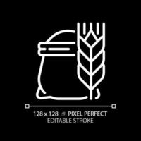 Flour pixel perfect white linear icon for dark theme. Bag of wheat. Cooking bread. Baking ingredient. Raw agricultural product. Thin line illustration. Isolated symbol for night mode. Editable stroke vector