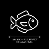 Fish pixel perfect white linear icon for dark theme. Seafood department. Aquatic products. Ocean catch. Marine cuisine. Thin line illustration. Isolated symbol for night mode. Editable stroke vector