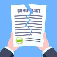 Contract cancellation business concept. Hands hold terminated tearing contract paper sheet breach flat style design vector illustration isolated on white background.