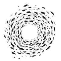 Silhouettes school of fish with marine life of various sizes swimming fish in the circle vector