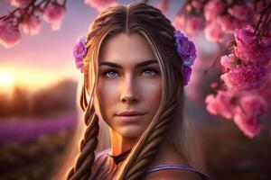 Beautiful woman with long braids in the garden. Neural network photo