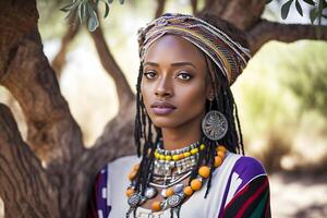 retrato de un hermosa africano mujer en étnico estilo. neural red ai generado foto