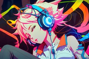 futuristic anime style girl listening to music with headphones. Neural network photo