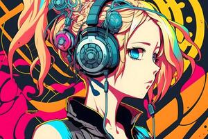 futuristic anime style girl listening to music with headphones. Neural network photo