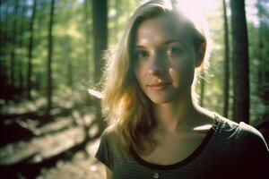 Portrait of a traveler girl in the forest. Neural network photo