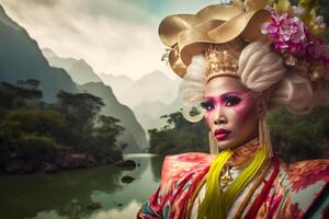 Asian Empress against the backdrop of a beautiful landscape. Neural network photo