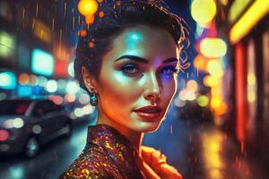 Cinematic night portrait of girl and neon lights. Neural network photo