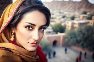 iraní mujer retrato. neural red ai generado foto