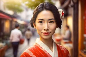 retrato de un japonés mujer en nacional ropa. neural red ai generado foto