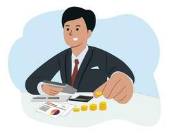 illustration of office man working calculating income. front view finance business elements assortment vector