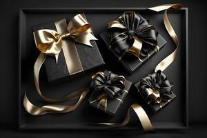 Black gift boxes with gold ribbon on dark background. Neural network photo