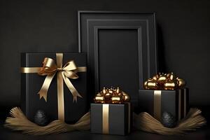 Black gift boxes with gold ribbon on dark background. Neural network photo