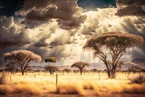 Sunrise over the savannah and grass fields in South Africa with cloudy sky. Neural network photo