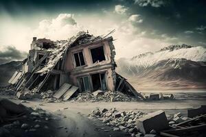 Ruined house after the earthquake. Neural network photo