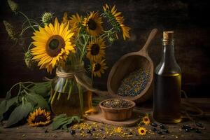 Rural still life sunflower oil in bottle with flowers of sunflower Helianthus annuus in dark light. Neural network photo