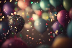 Background of holiday balloons and confetti. Neural network photo