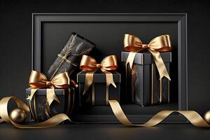 Black gift boxes with gold ribbon on dark background. Neural network photo