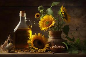 Rural still life sunflower oil in bottle with flowers of sunflower Helianthus annuus in dark light. Neural network photo