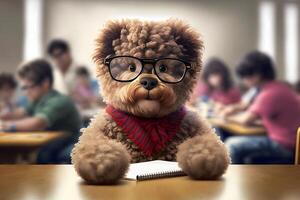 Teddy bear as a student at school. Back to school. Neural network AI generated photo