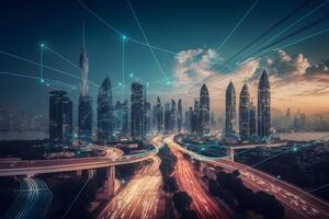 Smart city and abstract dot point connect with gradient line and aesthetic Intricate wave line design, big data connection technology concept. Neural network photo